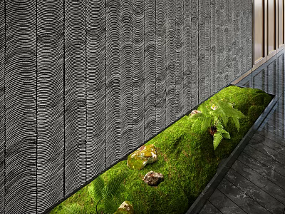 Small Garden Feature with Green Moss Ferns Stones and Wavy Textured Wall on Dark Floor 3d model