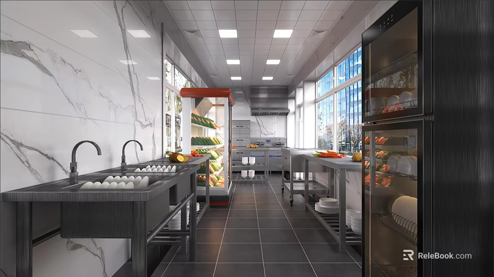 Modern Commercial Kitchen Interior With Stainless Steel Workstations Sink Tile Flooring And Ceiling Lights 3d model 