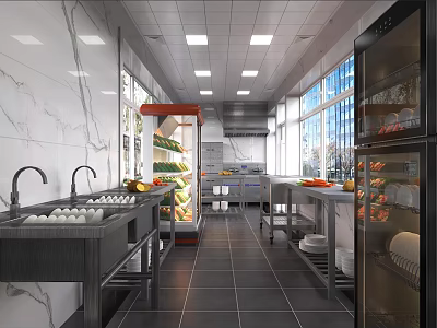 Modern Commercial Kitchen Interior With Stainless Steel Workstations Sink Tile Flooring And Ceiling Lights 3d model