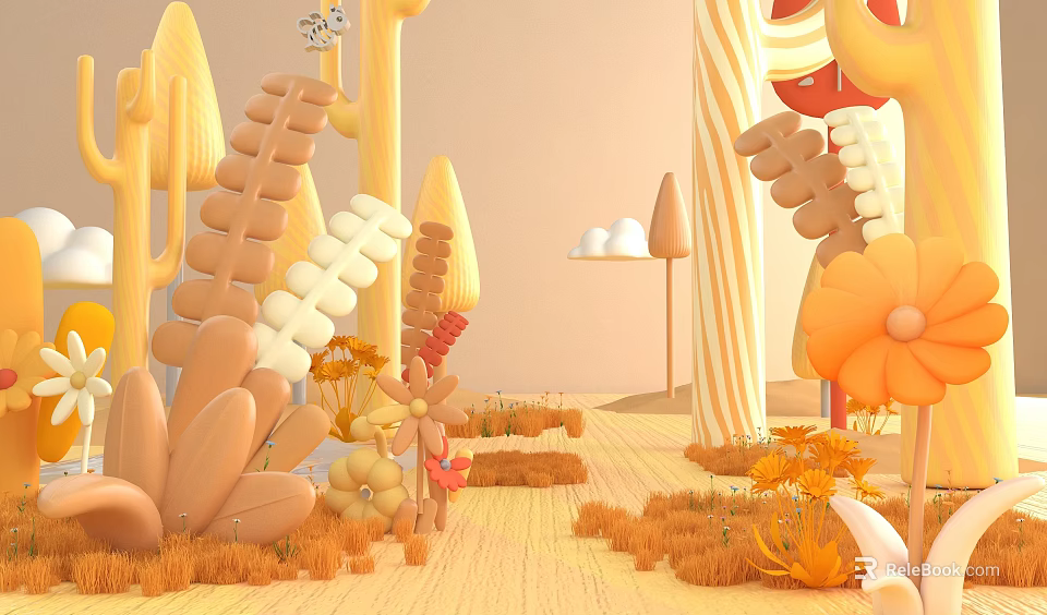 Cartoon Natural Scene Decor With Feather Flower Shaped Plants Mushrooms Clouds Warm Tones 3d model 