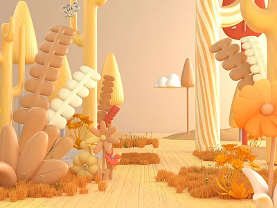 Cartoon Natural Scene Decor With Feather Flower Shaped Plants Mushrooms Clouds Warm Tones 3d model