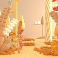 Cartoon Natural Scene Decor With Feather Flower Shaped Plants Mushrooms Clouds Warm Tones