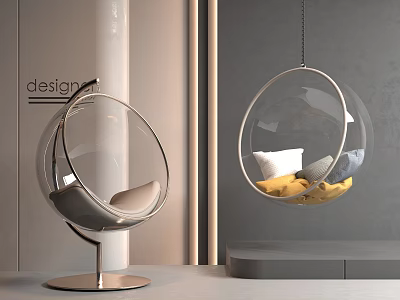 Modern Transparent Spherical Hanging Chairs Floor Standing And Suspended With Yellow Gray Pillows 3d model