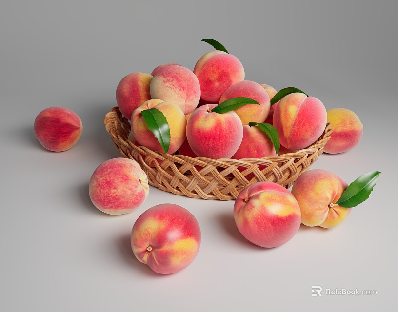 Ripe Juicy Peaches in Wicker Basket with Green Leaves Scattered Around 3d model 