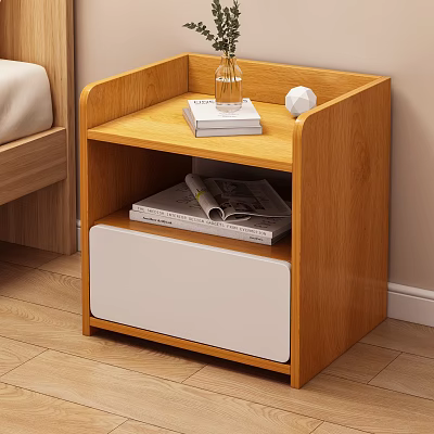 Light Wood Bedside Table With Open Shelf White Drawer Books Glass Vase And Decor 3d model