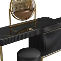 Modern Black Gold Dressing Table With Striped Drawers Round Mirror And Stool 3d model