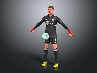 Soccer Goalkeeper Man Wearing Black Jersey Red Gloves And Yellow Cleats Holding Football 3d model