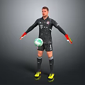 Soccer Goalkeeper Man Wearing Black Jersey Red Gloves And Yellow Cleats Holding Football