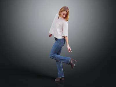 Blonde Woman In White Top Blue Jeans Lifting One Leg Against Gray Black Gradient Background 3d model