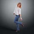 Blonde Woman In White Top Blue Jeans Lifting One Leg Against Gray Black Gradient Background