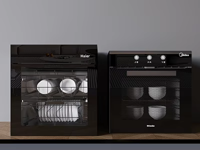 Black Kitchen Appliances Haier And Midea With Transparent Doors And Dishes Inside 3d model