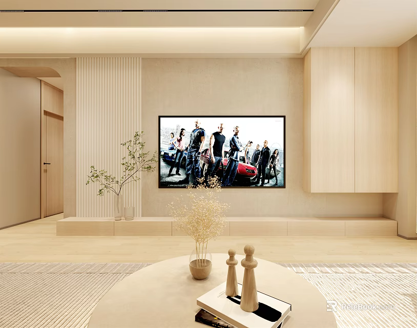 Modern TV Wall Design With Wooden Panels Indoor Plant And Minimalist Platform 3d model 