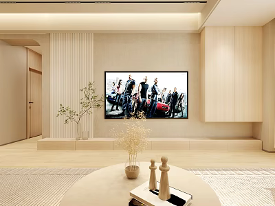 Modern TV Wall Design With Wooden Panels Indoor Plant And Minimalist Platform 3d model