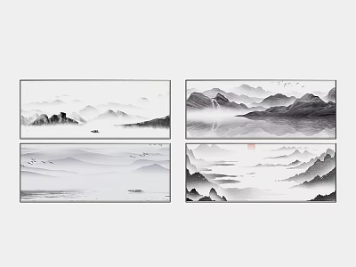 Chinese Ink Landscape Paintings With Mountains Water Small Boat And Flying Birds 3d model