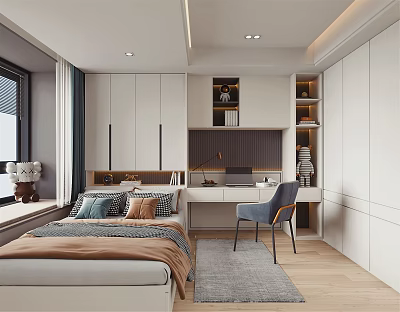 Modern Tatami Bedroom Interior With Tatami Bed Desk Chair And Storage Cabinets 3d model