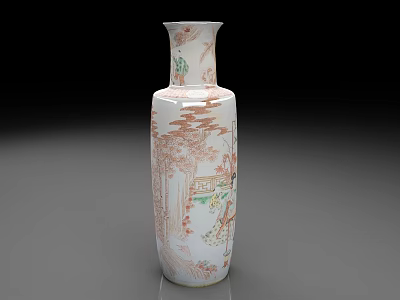 Chinese Traditional Painted Vase With White Base Red Green Landscape Figure Patterns 3d model