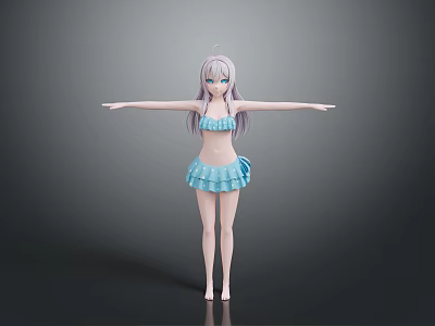 Anime Creature Character With Purple Hair Wearing Light Blue Bikini Standing Arms Outstretched 3d model
