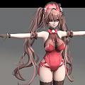 Anime Game Character With Pink Twin Tails Red Bodysuit Black Thigh High Socks And Metal Cage