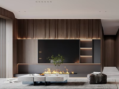 Modern Living and Dining Room Interior Design With Wooden Wall TV Fireplace and Coffee Table 3d model