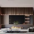 Modern Living and Dining Room Interior Design With Wooden Wall TV Fireplace and Coffee Table