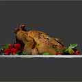 Golden Roast Chicken Plated With Fresh Vegetables Fruits And Herbs