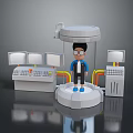 Glasses Wearing Operator on Circular Platform with Display Shelves Control Consoles and Monitors