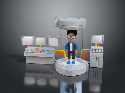 Glasses Wearing Operator on Circular Platform with Display Shelves Control Consoles and Monitors 3d model