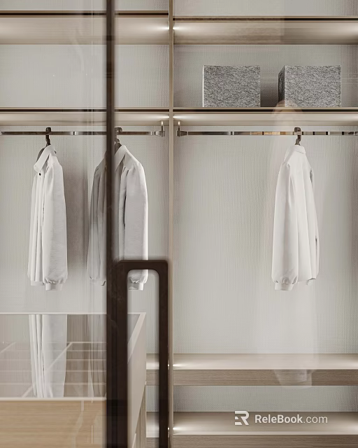 Modern Wardrobe Interior Design With Glass Doors And Clothing Rods Hanging White Clothes 3d model 