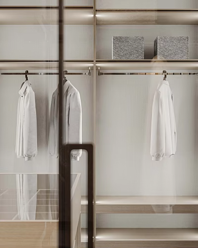 Modern Wardrobe Interior Design With Glass Doors And Clothing Rods Hanging White Clothes 3d model