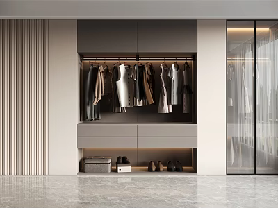 Modern Open Closet Interior Design With Hanging Clothes Drawers And Shoe Storage 3d model