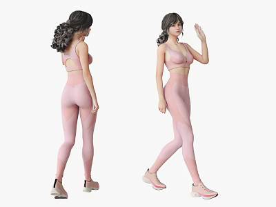 Woman In Pink Activewear Showing Back View And Front Waving Pose With Sporty Outfit 3d model