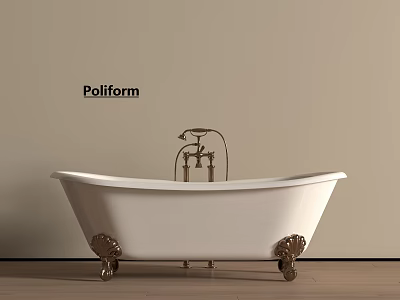Poliform White Bathtub With Brass Faucet And Ornate Feet Against Beige Wall Wooden Floor 3d model