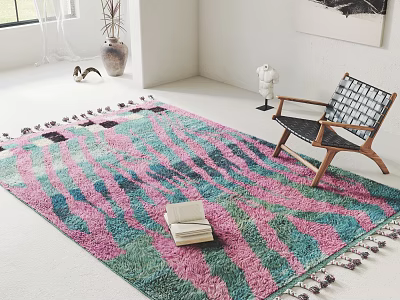 Leisure Chair On Colorful Patterned Rug With Tassels And Stack Of Books In Bright Interior 3d model