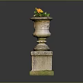 Elegant Decorative Stone Vase With Carved Base Holding Yellow Orange Flowers