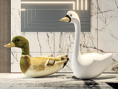 Modern Decorative Duck Figurines In Green Yellow And White With Marble Wall Background 3d model