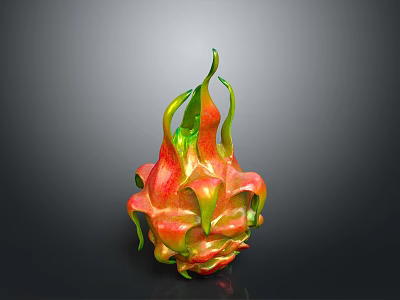 Fresh Vibrant Dragon Fruit With Red And Green Leafy Peel On Dark Background 3d model