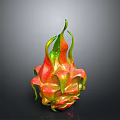 Fresh Vibrant Dragon Fruit With Red And Green Leafy Peel On Dark Background
