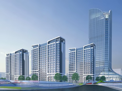 Modern High Rise Office Building Complex With Glass Curtain Walls And Urban Greenery 3d model