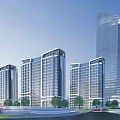Modern High Rise Office Building Complex With Glass Curtain Walls And Urban Greenery