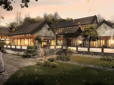 Traditional Chinese Garden Landscape With Courtyard Greenery Stone Path And Evening Lighting 3d model