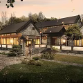 Traditional Chinese Garden Landscape With Courtyard Greenery Stone Path And Evening Lighting