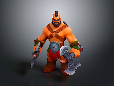 Muscular Man Warrior Holding Axe And Dagger Wearing Leather Armor And Horned Headpiece 3d model