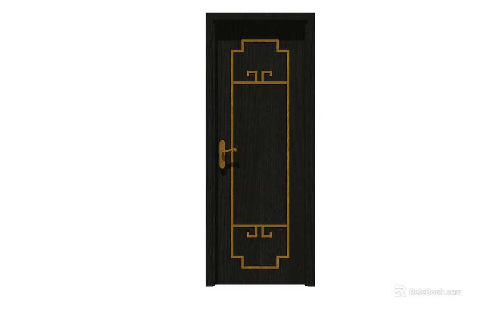 Black Wooden Entrance Door With Traditional Golden Decorative Patterns And Handle 3d model 