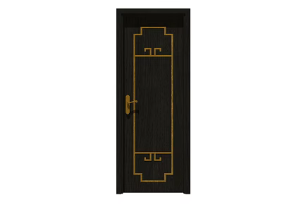 Black Wooden Entrance Door With Traditional Golden Decorative Patterns And Handle 3d model