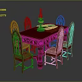Red Dining Table Set with Six Red Chairs and Oil Lamp with Green Mat