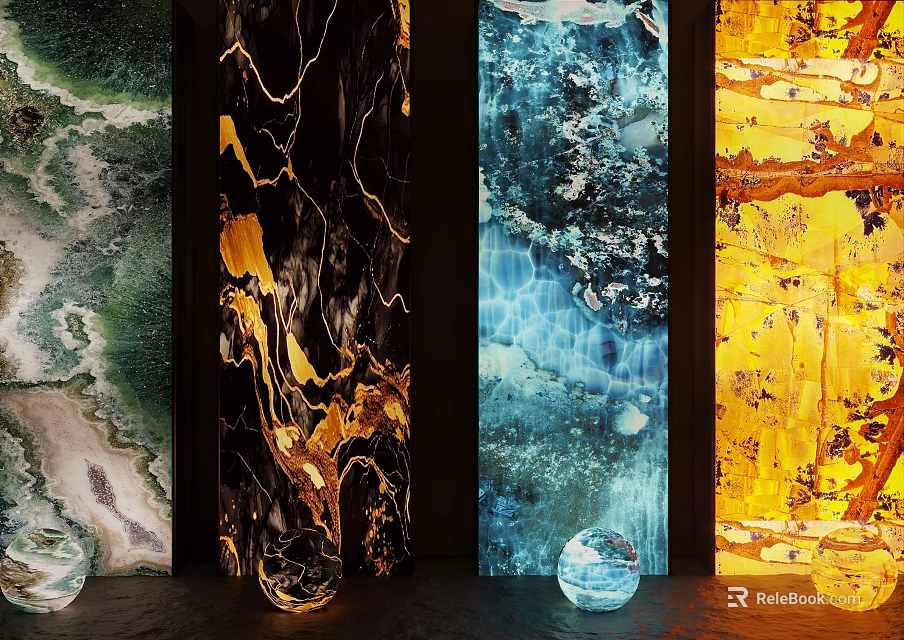 Colorful Marble Texture Wall Panels With Modern Design And Decorative Spheres 3d model 