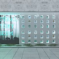Natural History Museum Display Window with Multiple Compartments Holding Various Exhibits and Blue Lighting