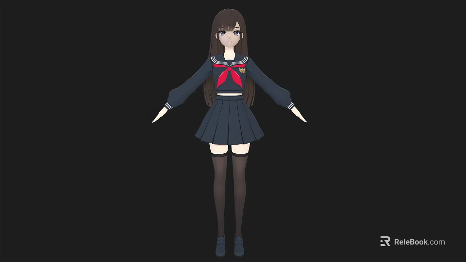 Young Woman In Sailor School Uniform With Red Bow And Long Brown Hair 3d model 