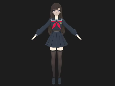 Young Woman In Sailor School Uniform With Red Bow And Long Brown Hair 3d model