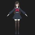 Young Woman In Sailor School Uniform With Red Bow And Long Brown Hair